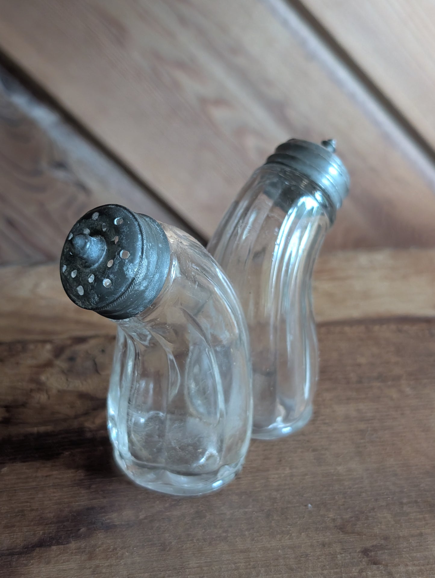 1870s Rare Hand Blown Double Gemel Ribbed Salt & Pepper Shaker With Lids