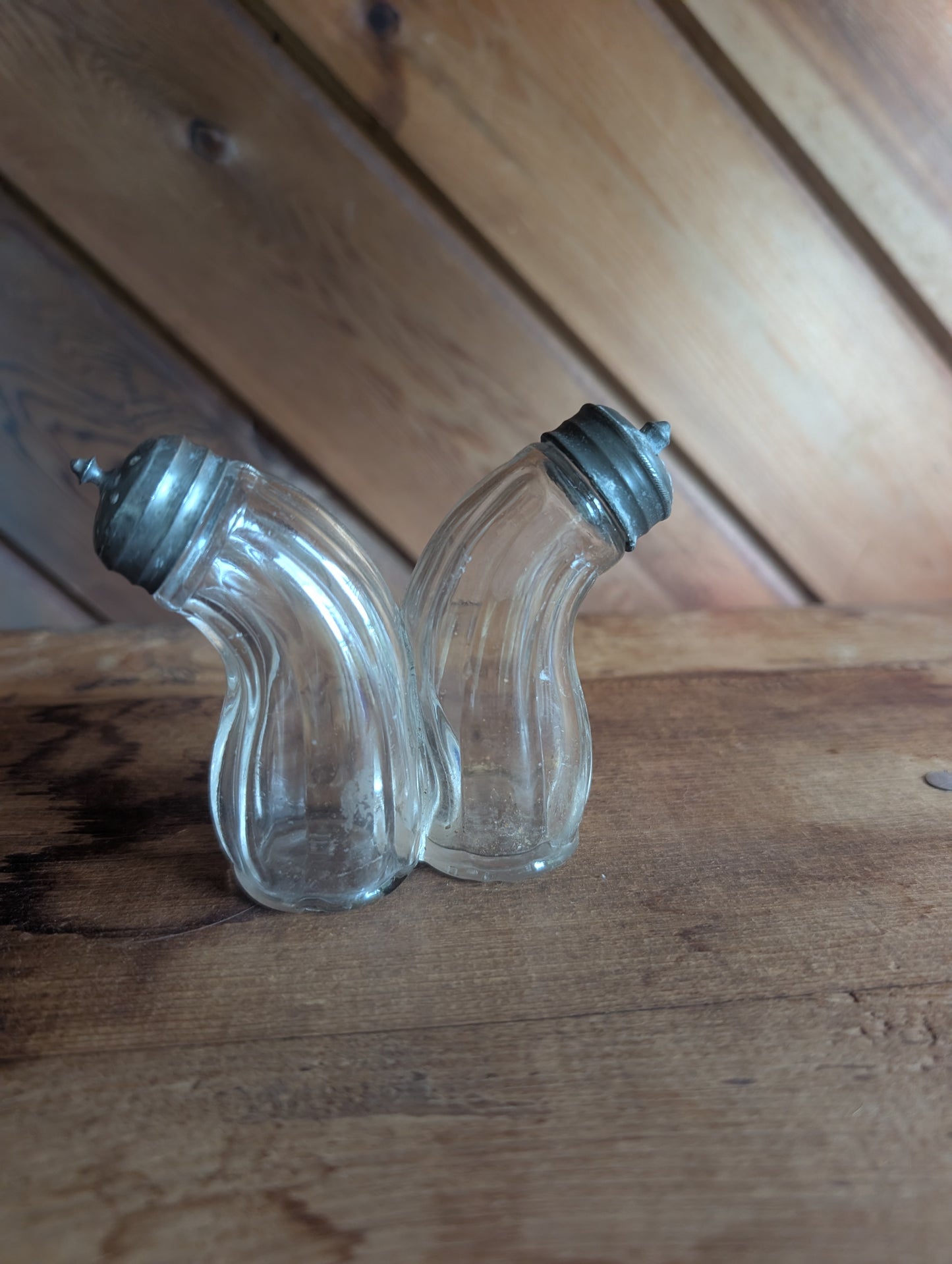 1870s Rare Hand Blown Double Gemel Ribbed Salt & Pepper Shaker With Lids