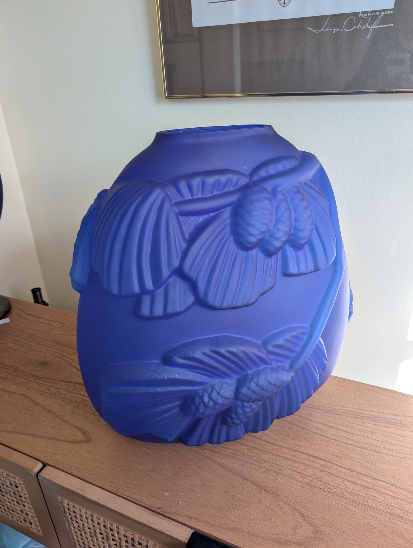 Large Cobalt Blue Balos Mouth Blown Pinecone Design Glass Vase