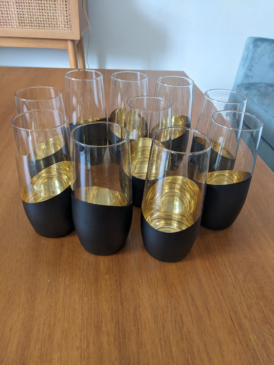 10 Stemless Black and Gold  Champagne Flutes