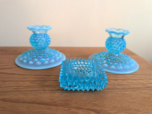 Fenton Blue Hobnail Glass Taper Candlestick Holders and Votive Holder