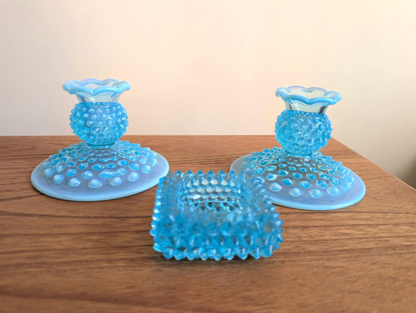 Fenton Blue Hobnail Glass Taper Candlestick Holders and Votive Holder