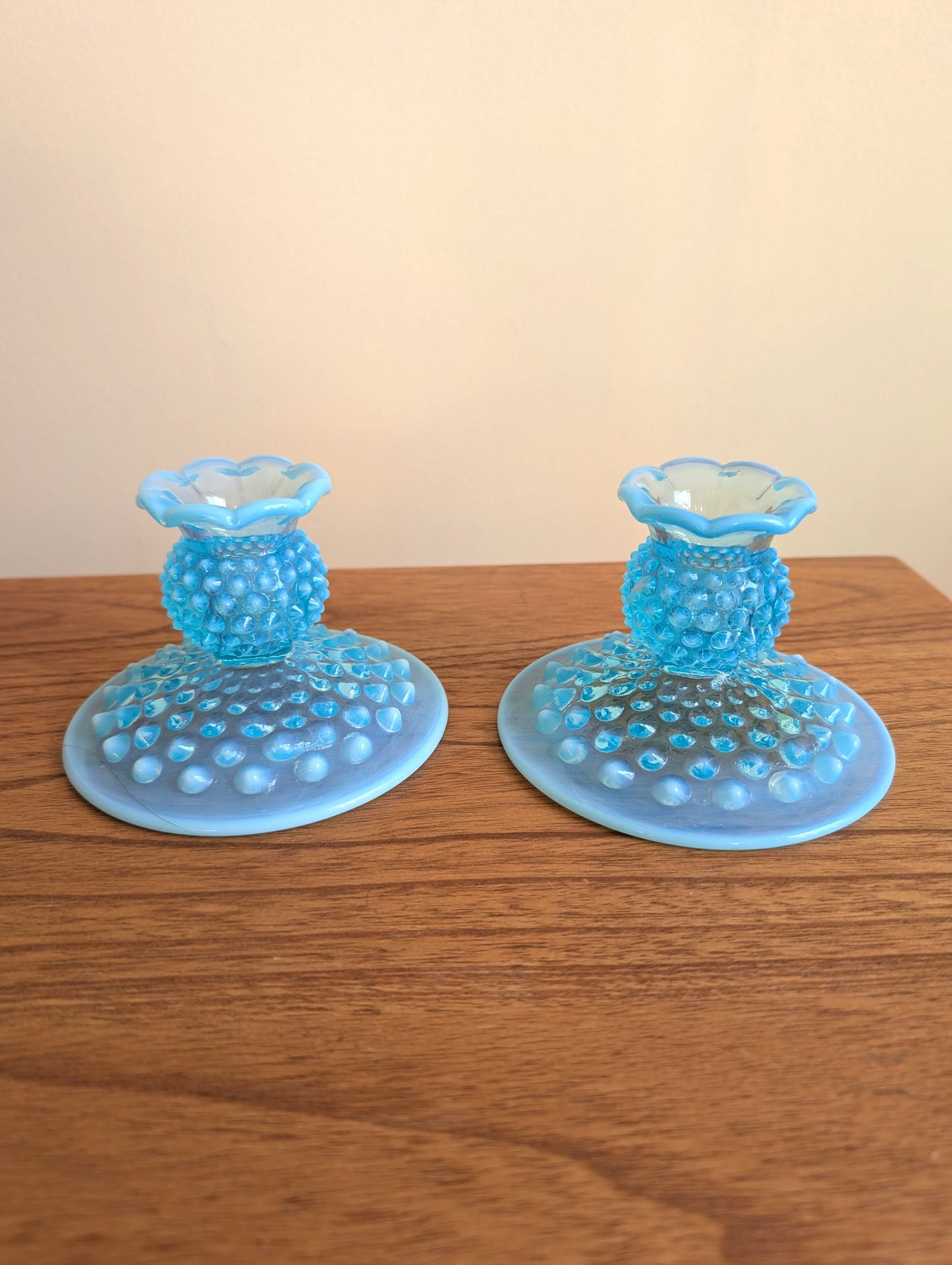 Fenton Blue Hobnail Glass Taper Candlestick Holders and Votive Holder