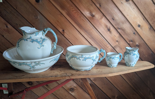 Semi Porcelain Toilet Set Washstand Pitchers Chamber Pot Shaving Mug Brush 1900s