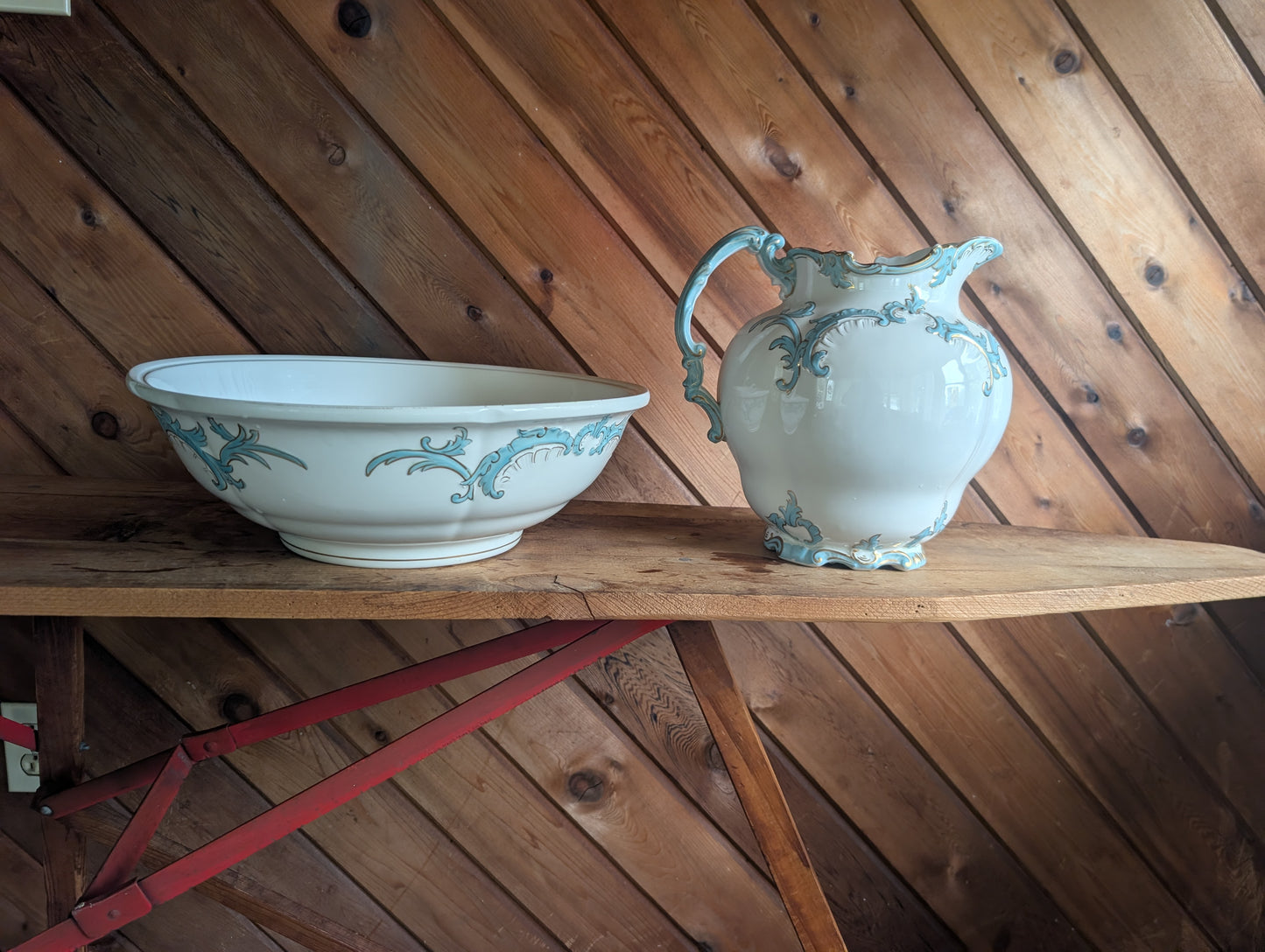 Semi Porcelain Toilet Set Washstand Pitchers Chamber Pot Shaving Mug Brush 1900s