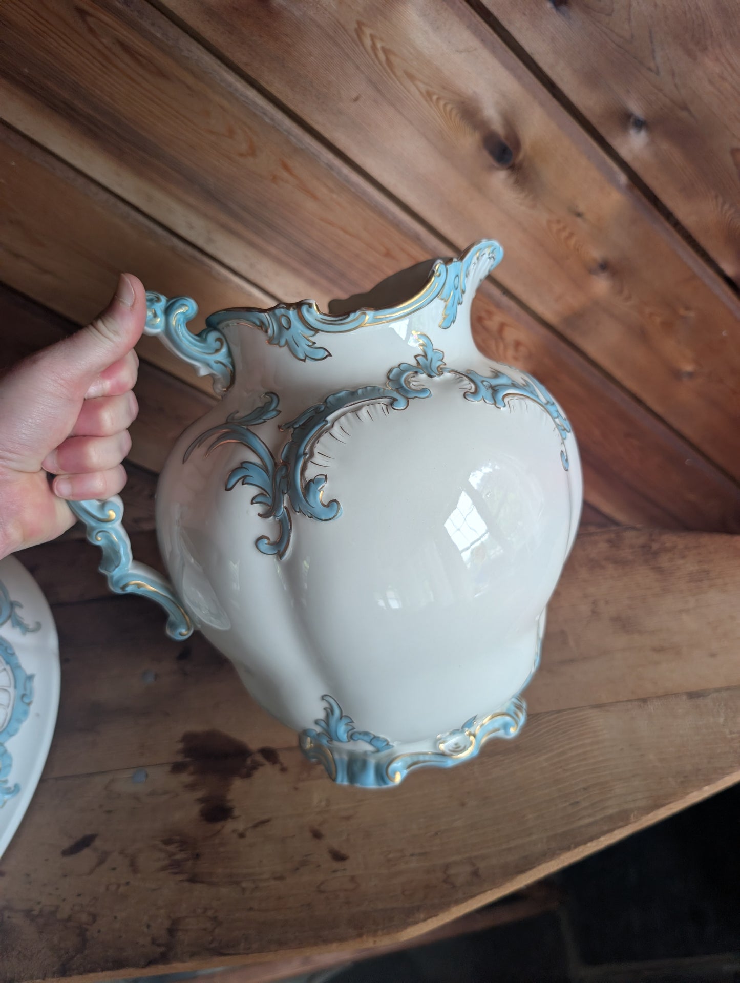 Semi Porcelain Toilet Set Washstand Pitchers Chamber Pot Shaving Mug Brush 1900s