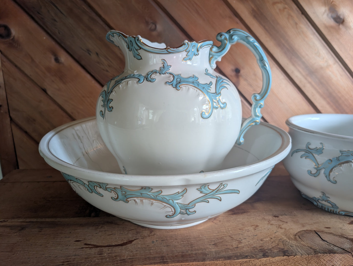 Semi Porcelain Toilet Set Washstand Pitchers Chamber Pot Shaving Mug Brush 1900s