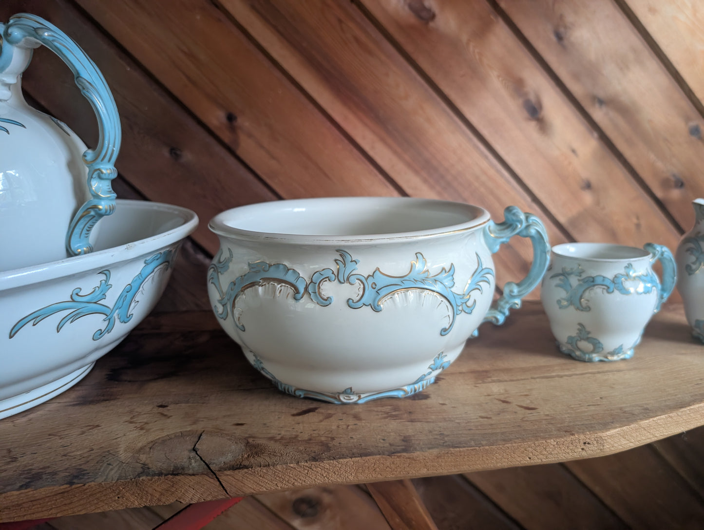 Semi Porcelain Toilet Set Washstand Pitchers Chamber Pot Shaving Mug Brush 1900s