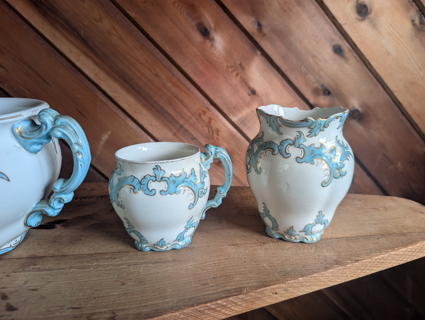 Semi Porcelain Toilet Set Washstand Pitchers Chamber Pot Shaving Mug Brush 1900s
