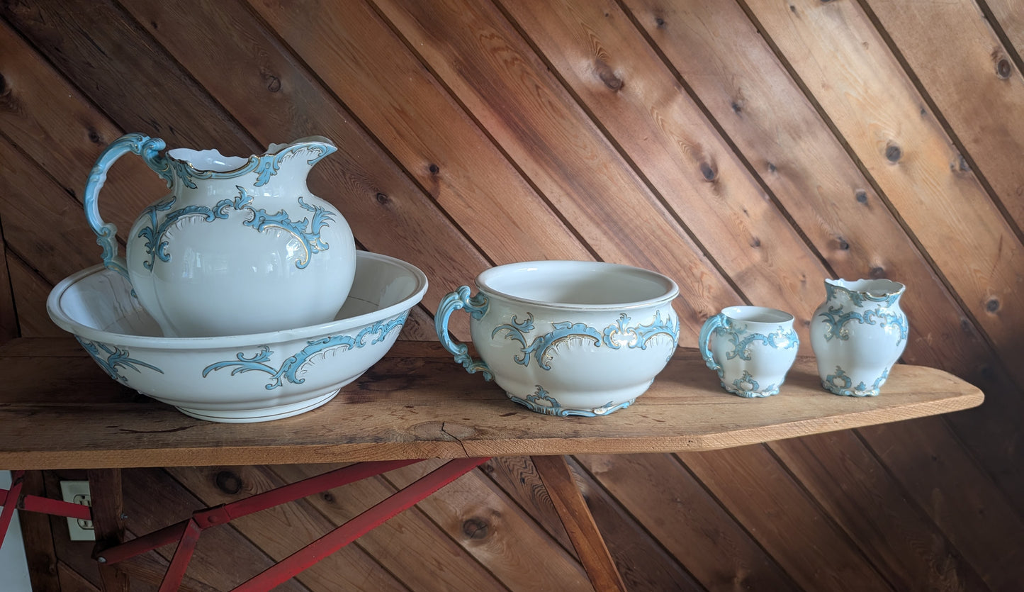 Semi Porcelain Toilet Set Washstand Pitchers Chamber Pot Shaving Mug Brush 1900s