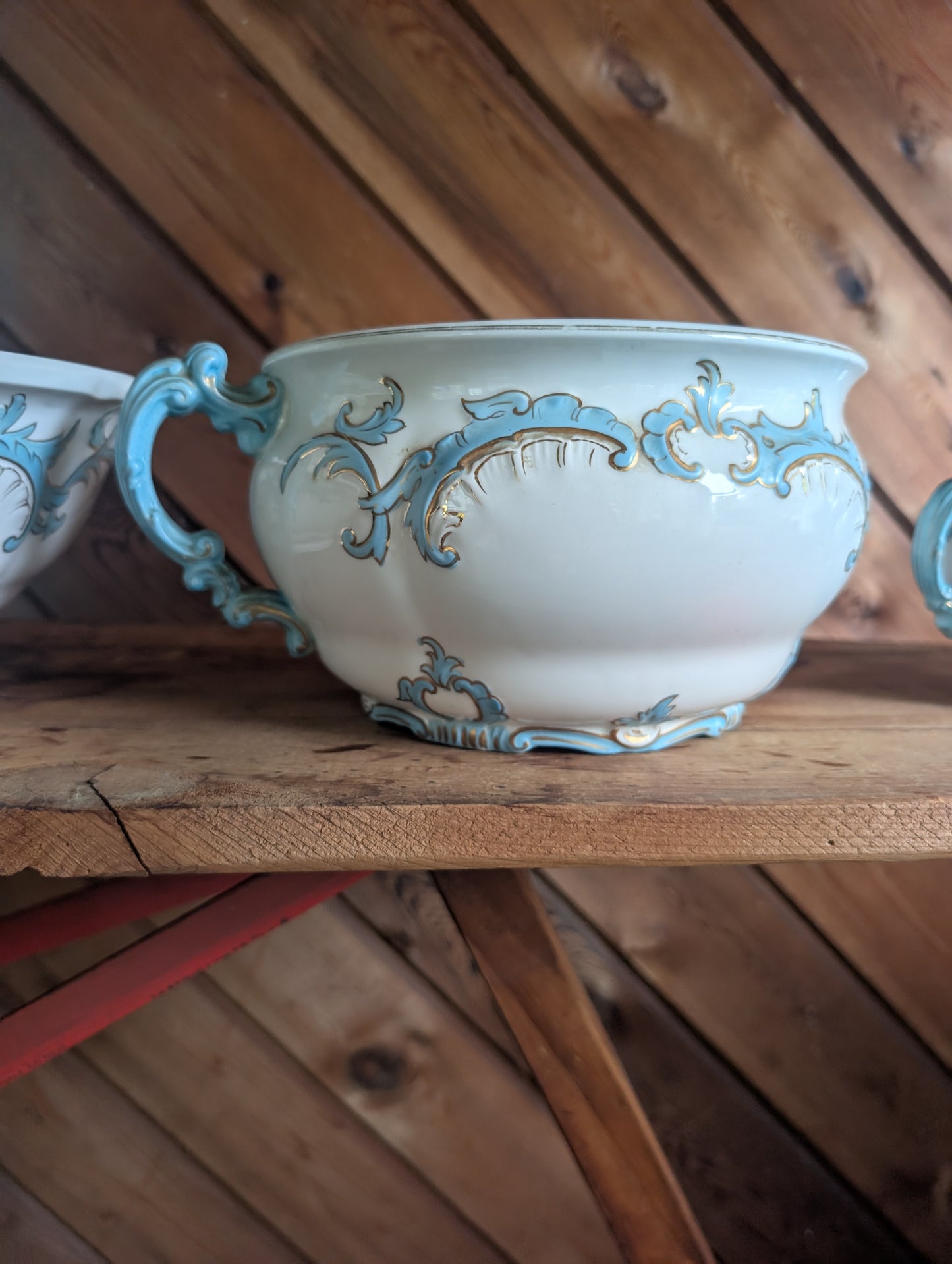 Semi Porcelain Toilet Set Washstand Pitchers Chamber Pot Shaving Mug Brush 1900s