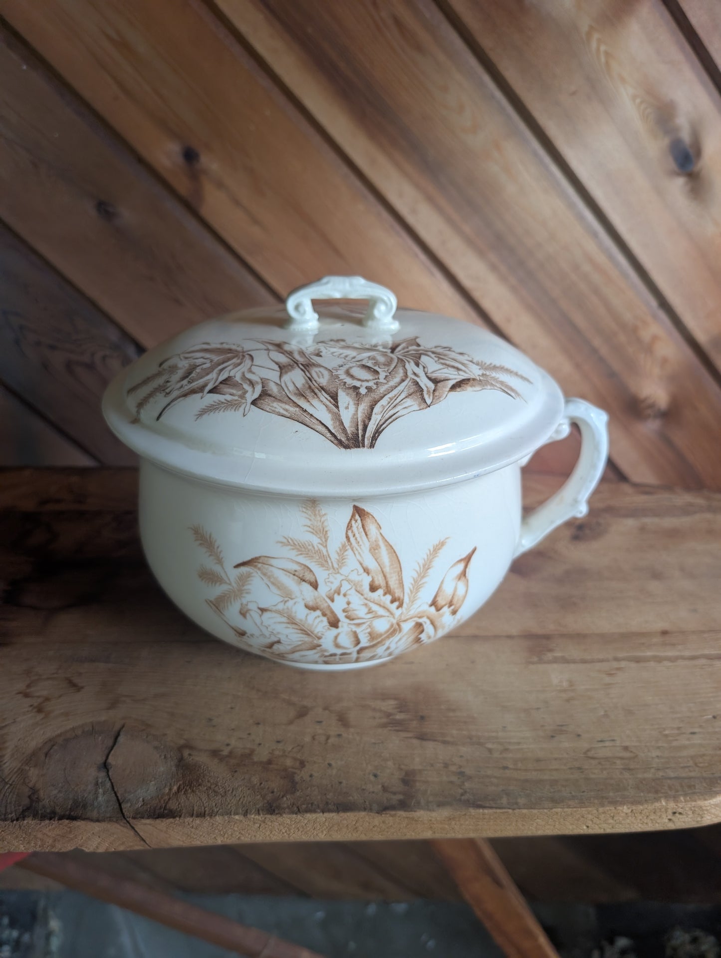 Stoneware Transferware Chamber Pot with Lid Brown Floral Design Antique Toilet