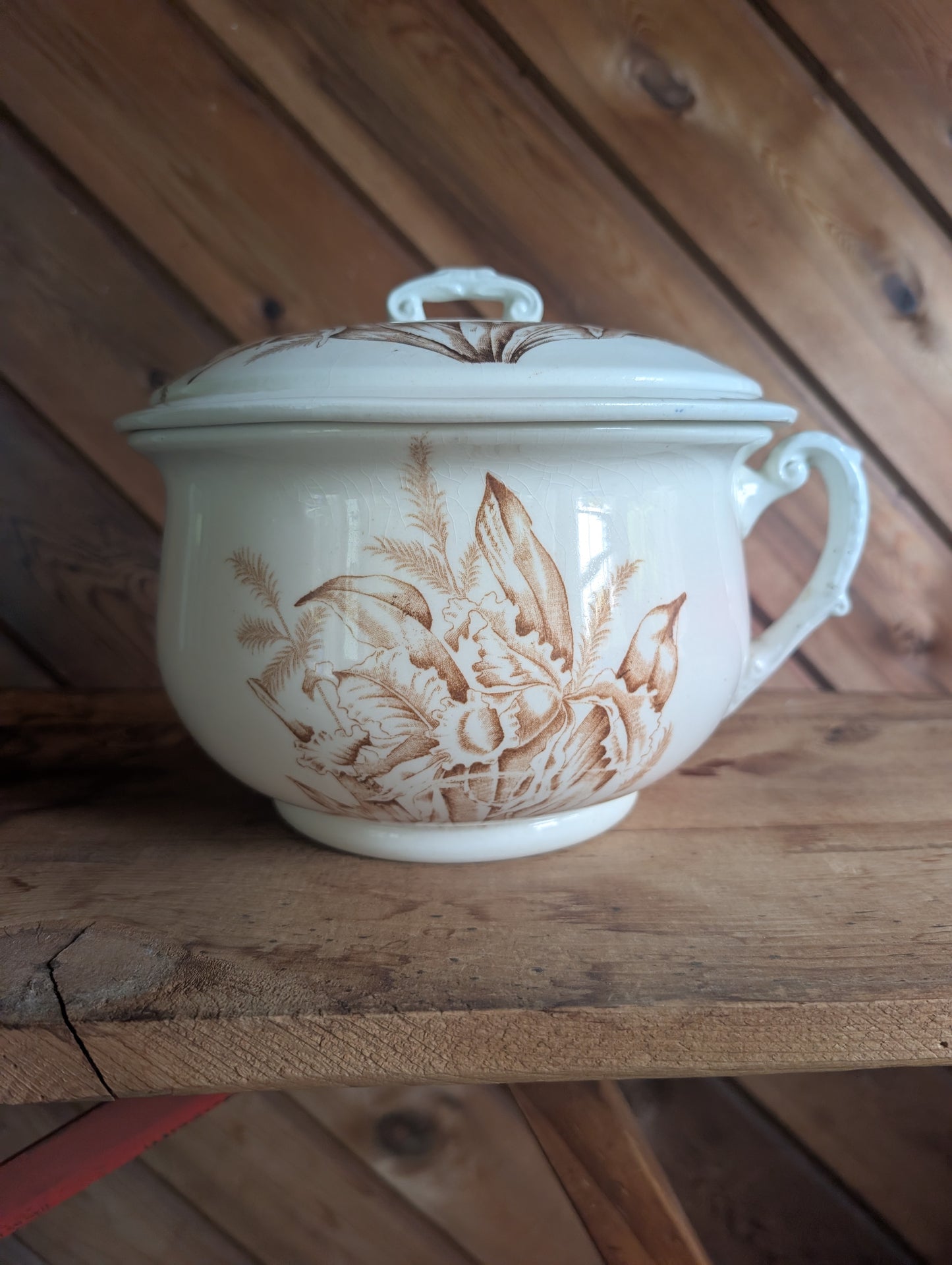 Stoneware Transferware Chamber Pot with Lid Brown Floral Design Antique Toilet