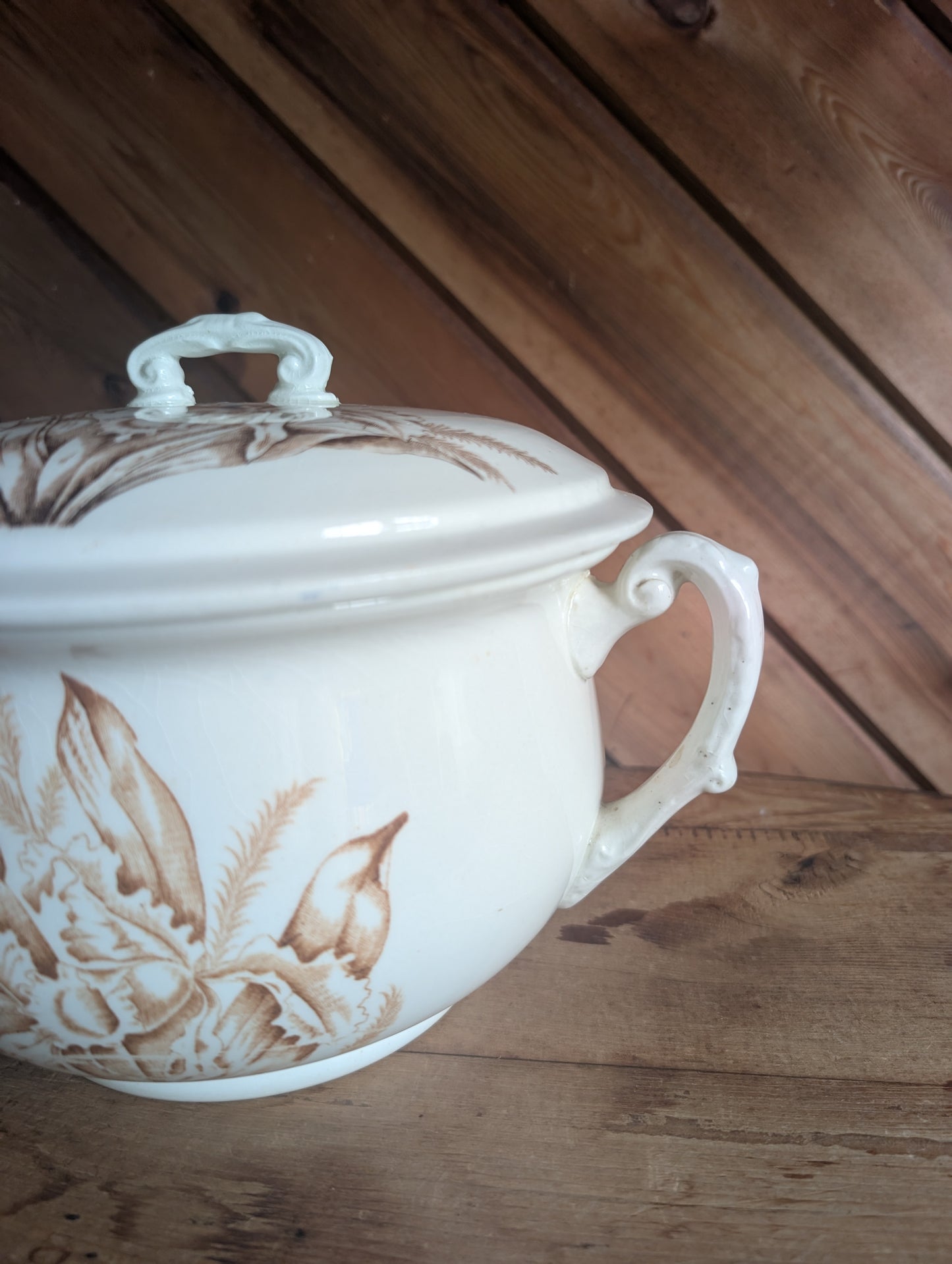 Stoneware Transferware Chamber Pot with Lid Brown Floral Design Antique Toilet