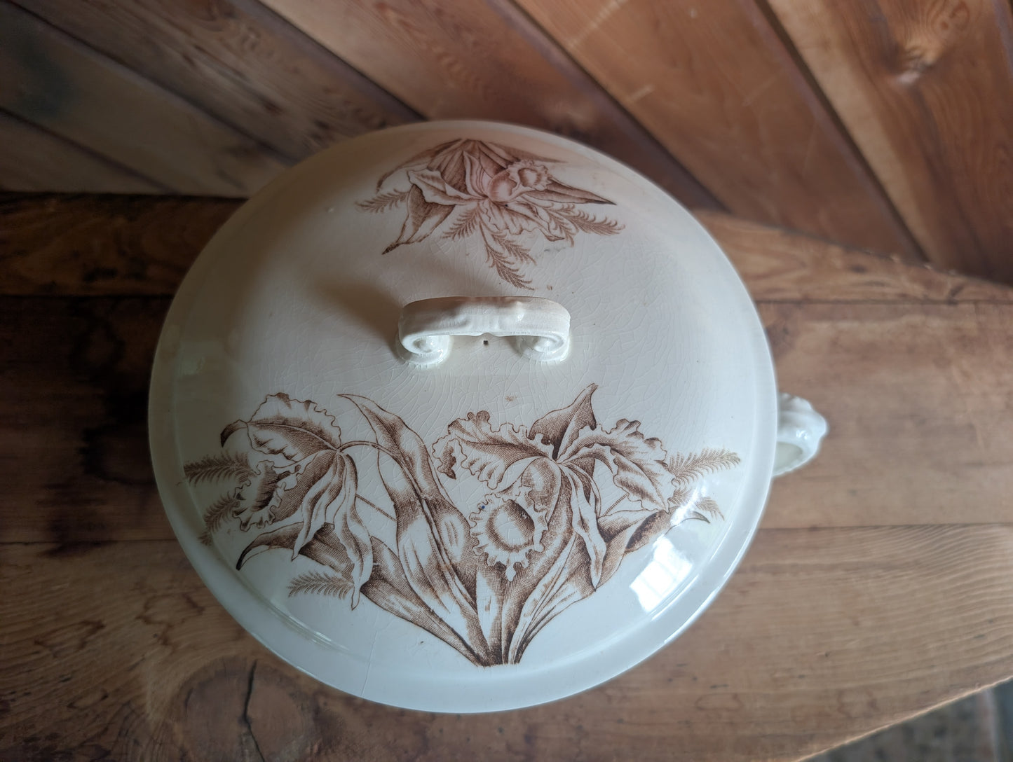 Stoneware Transferware Chamber Pot with Lid Brown Floral Design Antique Toilet