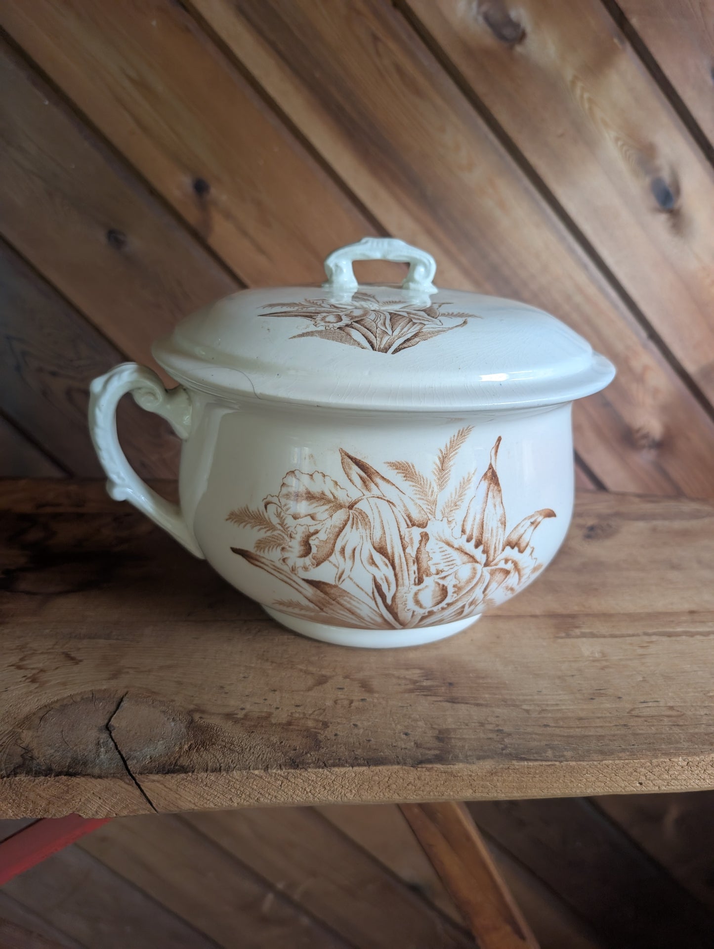 Stoneware Transferware Chamber Pot with Lid Brown Floral Design Antique Toilet