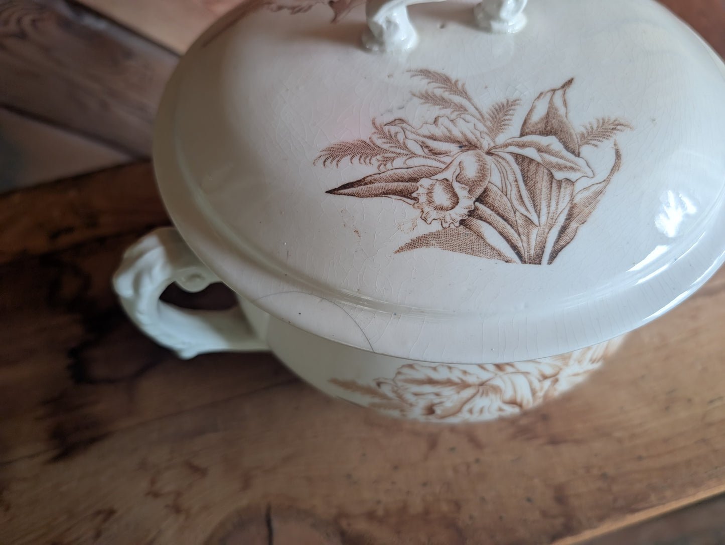 Stoneware Transferware Chamber Pot with Lid Brown Floral Design Antique Toilet