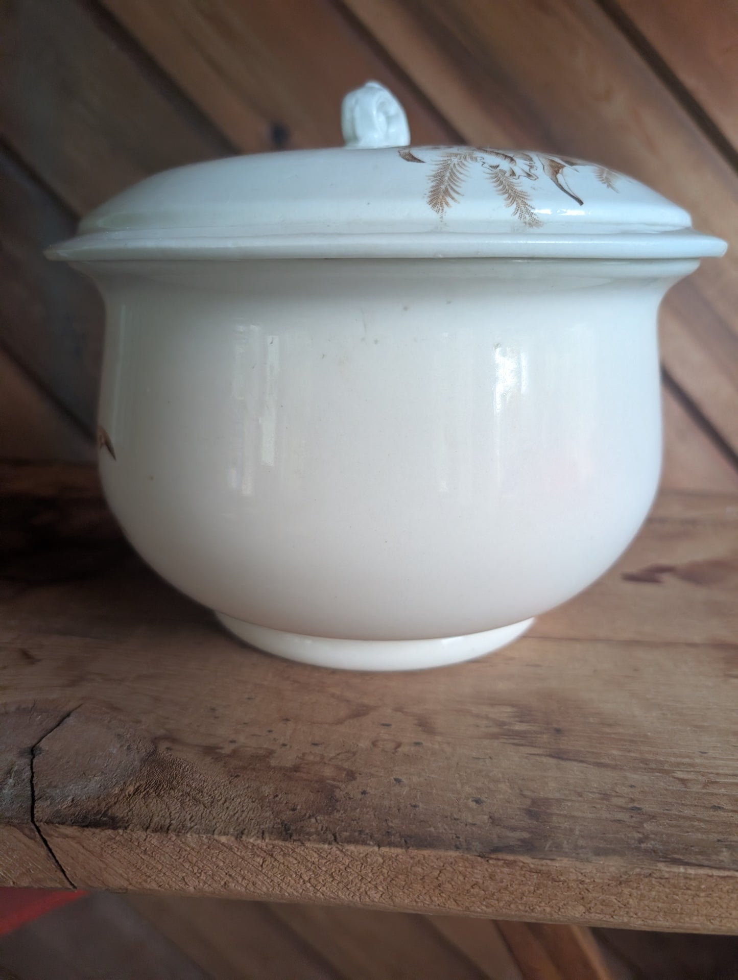Stoneware Transferware Chamber Pot with Lid Brown Floral Design Antique Toilet