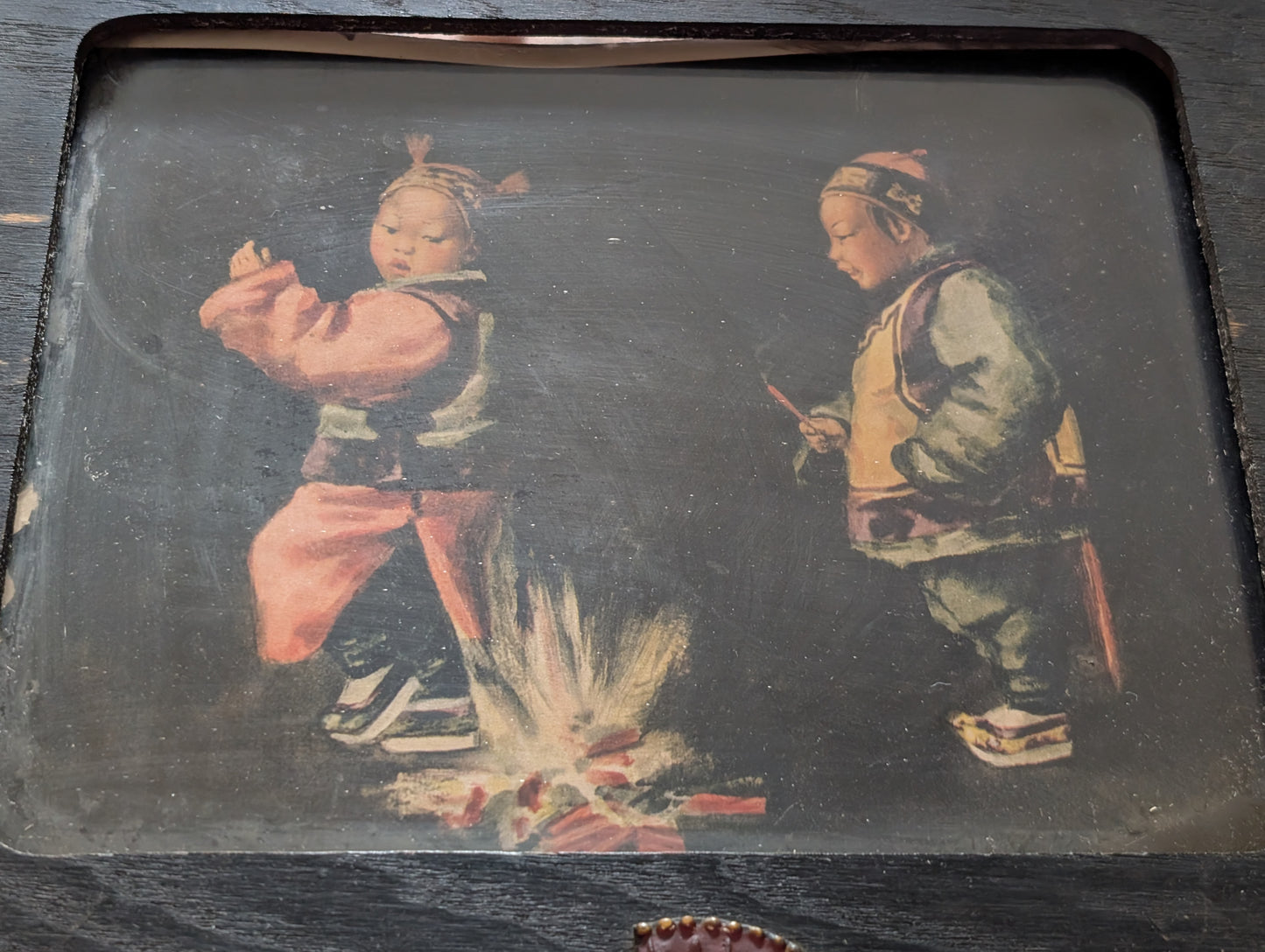 Framed Art Featuring Chinese Children Playing with Fireworks