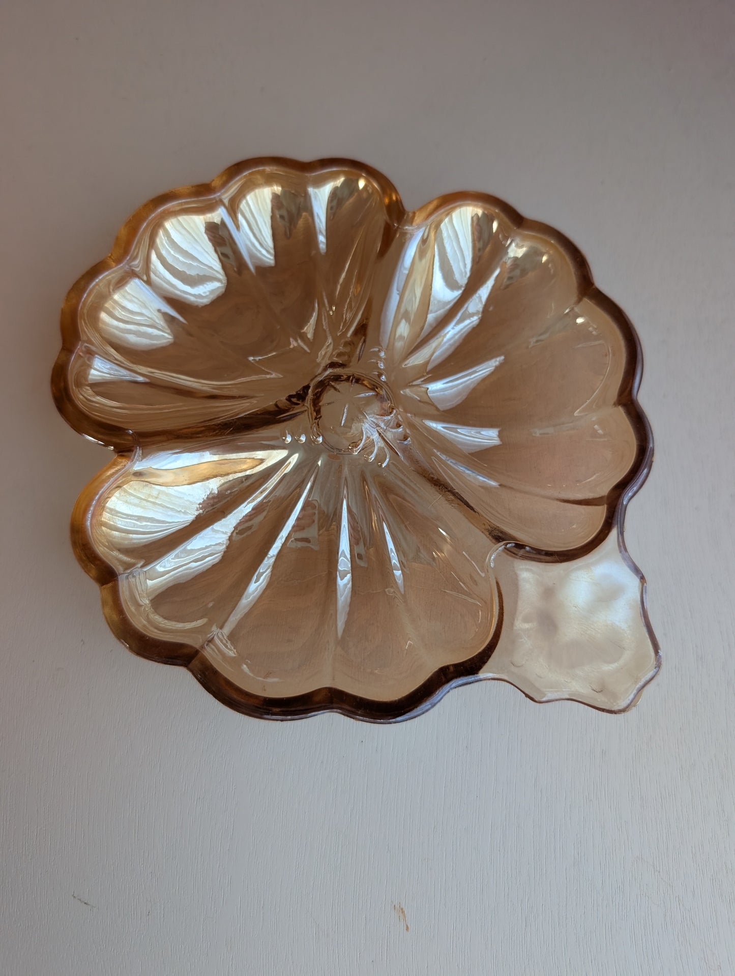 Vintage Jeanette Marigold Carnival Glass 3 Leaf Clover Shaped Candy Dish