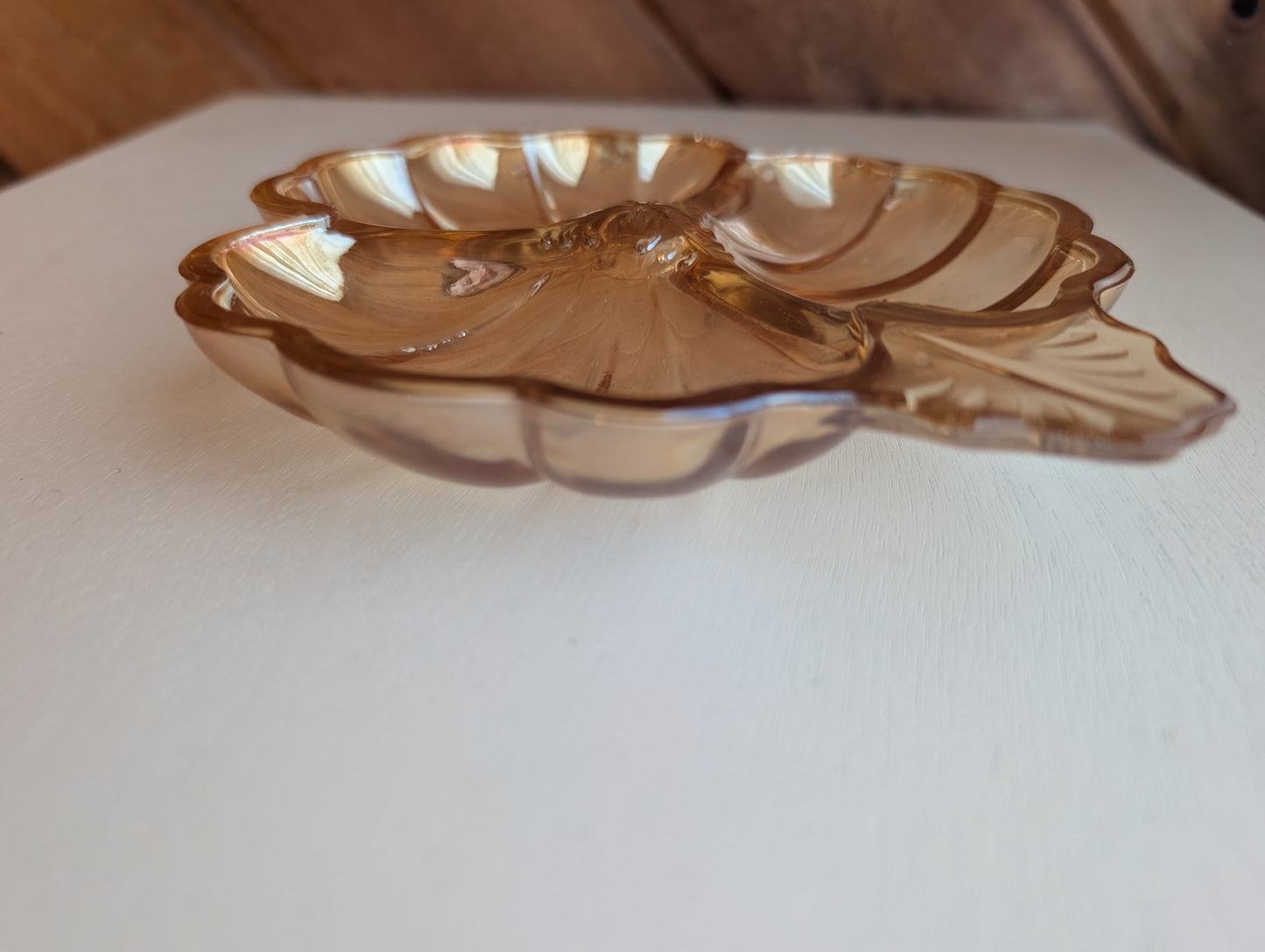 Vintage Jeanette Marigold Carnival Glass 3 Leaf Clover Shaped Candy Dish