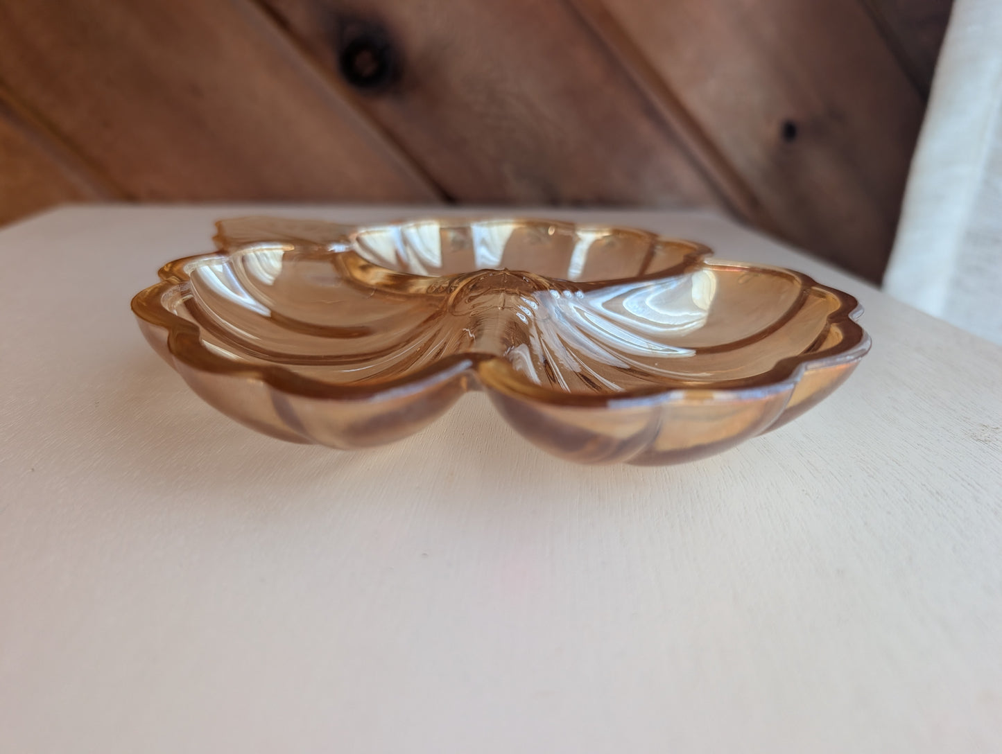 Vintage Jeanette Marigold Carnival Glass 3 Leaf Clover Shaped Candy Dish