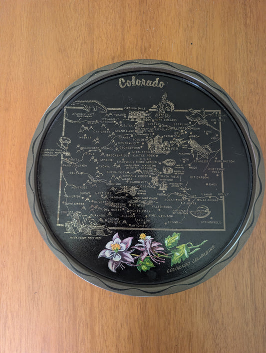 1960s Colorado USA State Black Round Metal Vintage Souvenir Serving Tray