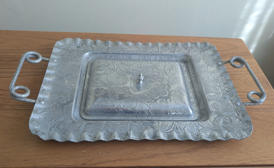 Vintage Hammered Aluminum Covered Serving Tray Rectangular with Fruit and Floral Design 1960s Home Décor