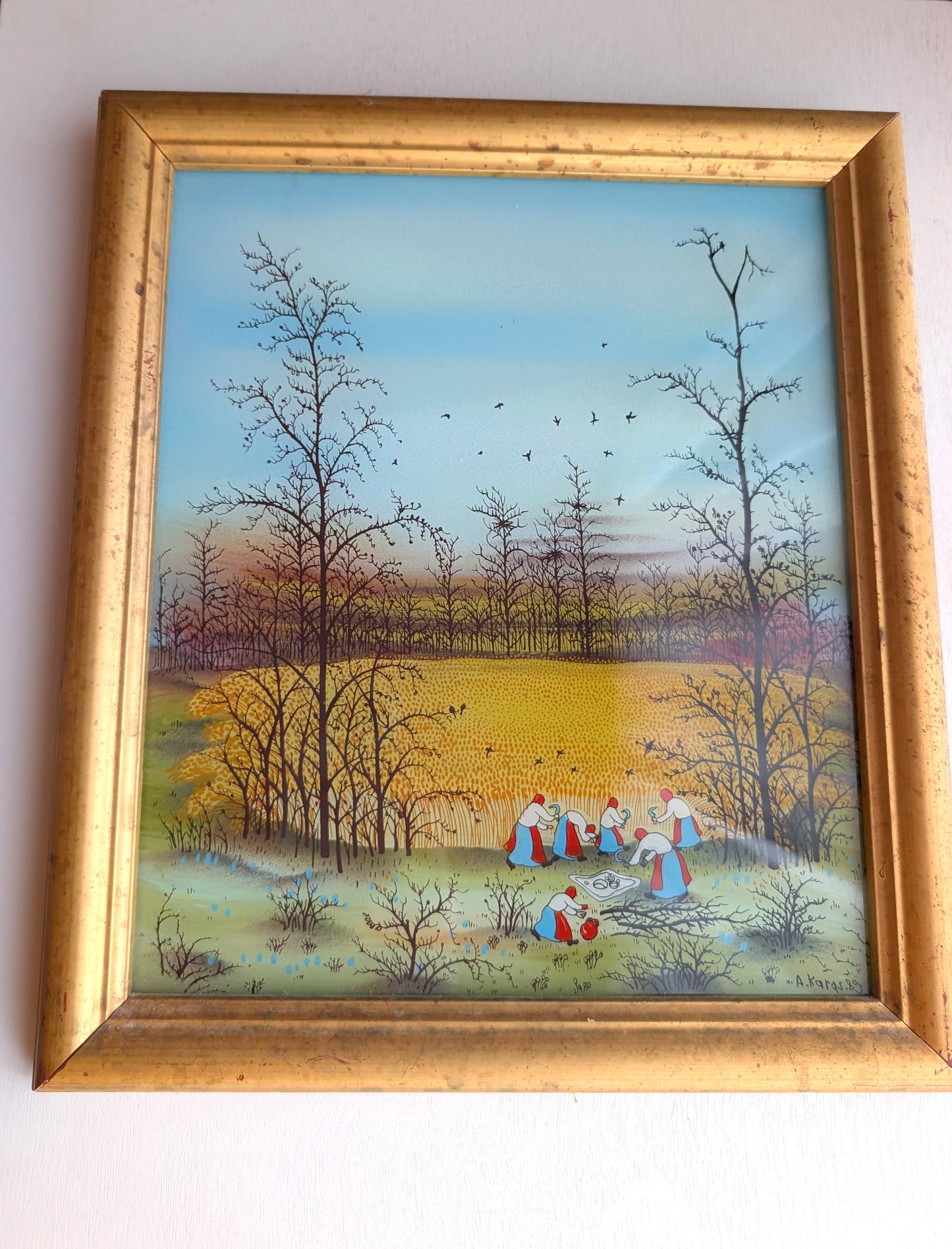 Croatian Naïve Oil on Glass Painting Signed A. Karas 1989 Framed Art