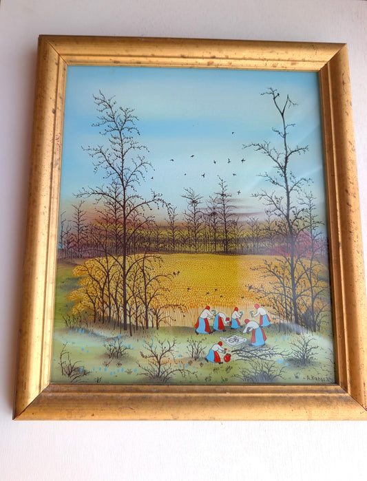 Croatian Naïve Oil on Glass Painting Signed A. Karas 1989 Framed Art