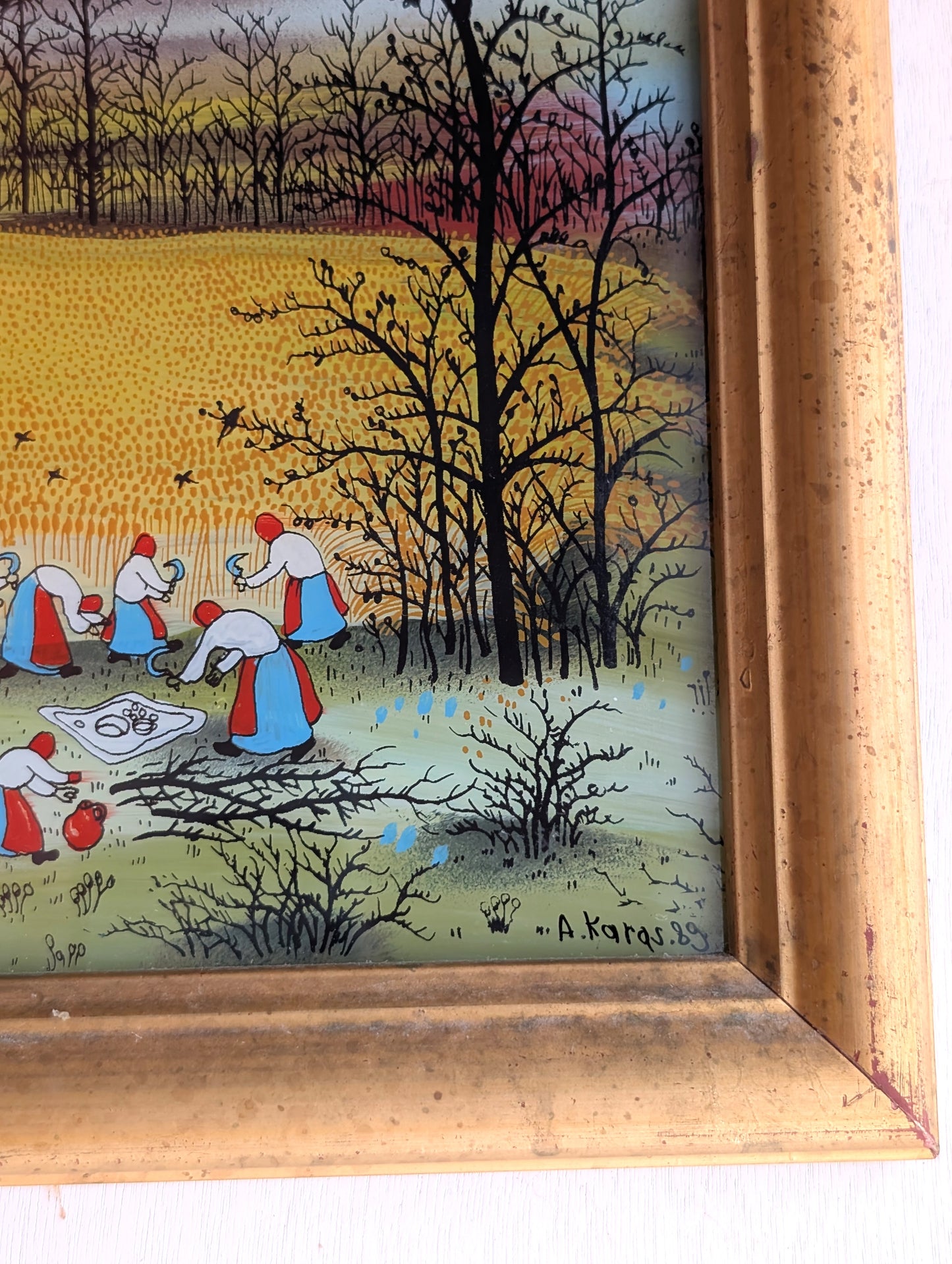 Croatian Naïve Oil on Glass Painting Signed A. Karas 1989 Framed Art