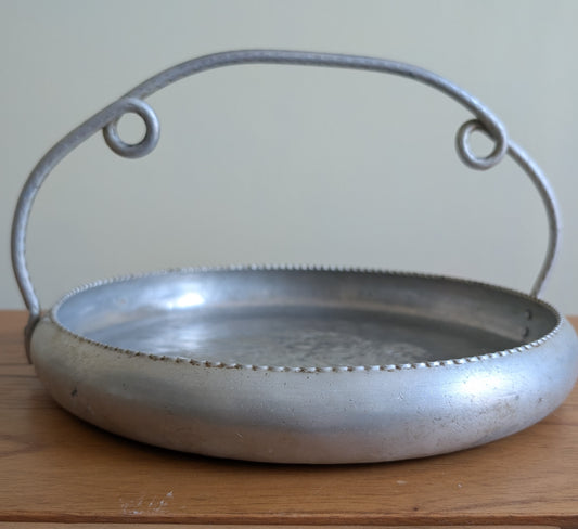 Cromwell Hammered Aluminum Round Basket with Handle Featuring a Cornucopia