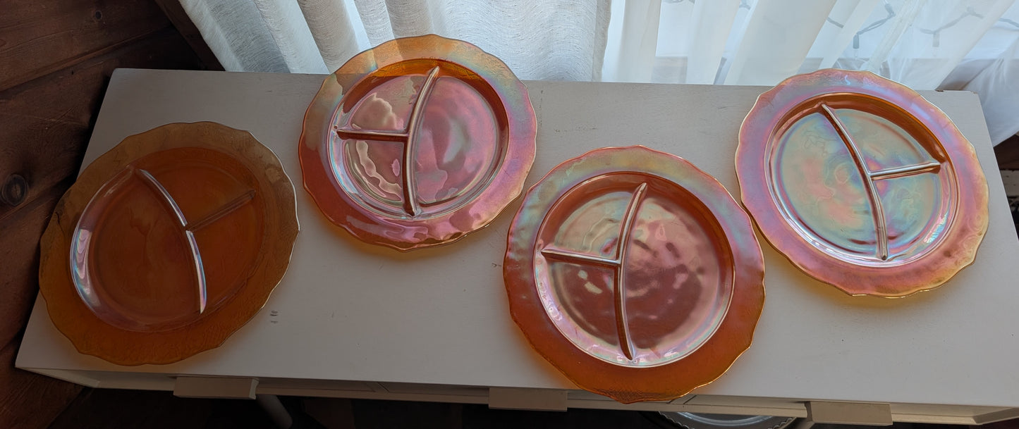 Set of Four Federal Normandie Carnival Glass Divided Dinner Plates