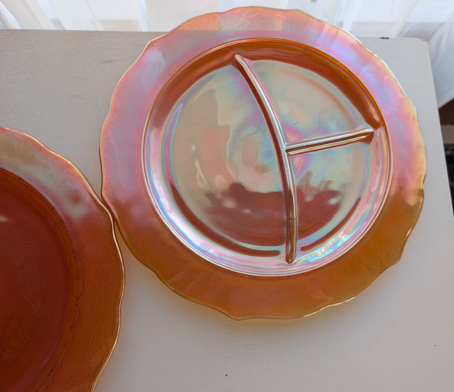 Set of Four Federal Normandie Carnival Glass Divided Dinner Plates