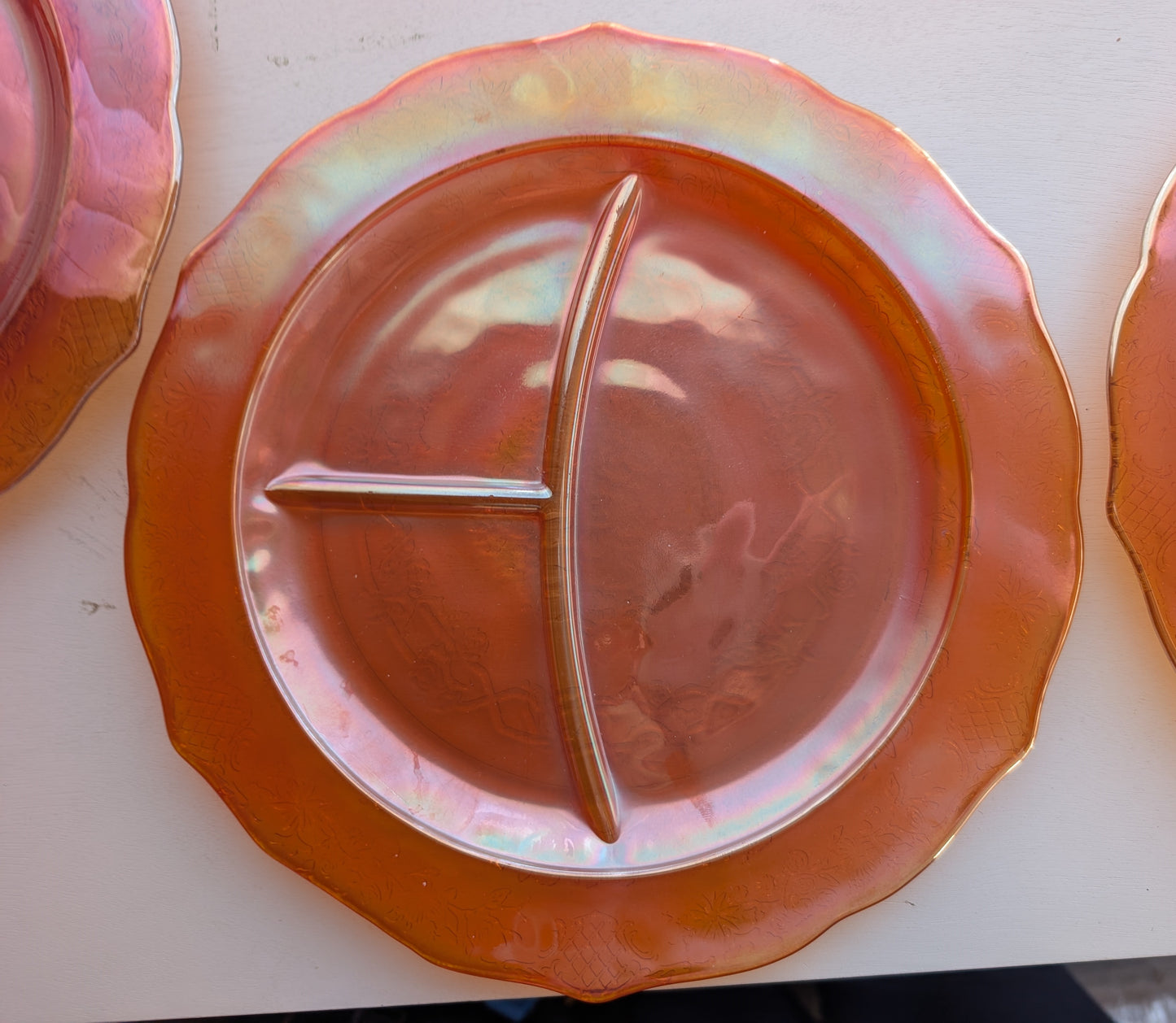 Set of Four Federal Normandie Carnival Glass Divided Dinner Plates