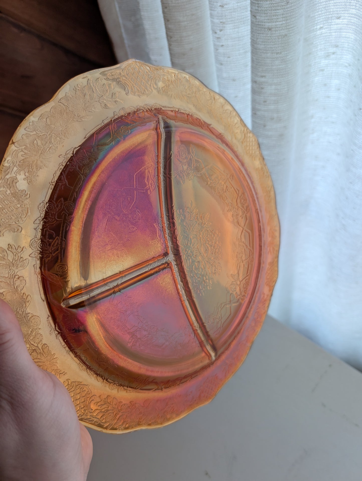 Set of Four Federal Normandie Carnival Glass Divided Dinner Plates