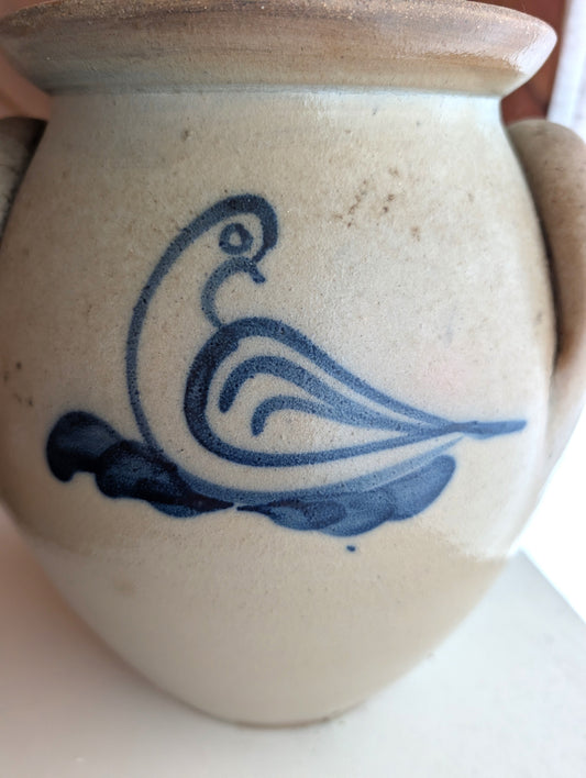 Vintage Blue Salt Glaze Stone Pottery Lidded Jar or Crock with Dove Unmarked