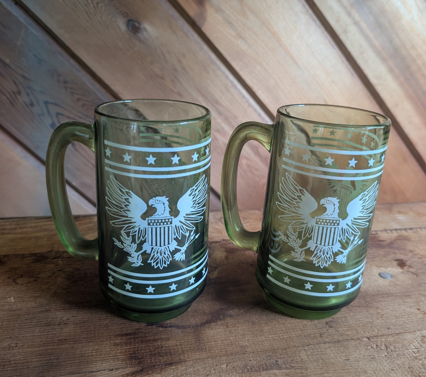 Two American Eagle Vintage Green Glass Mugs