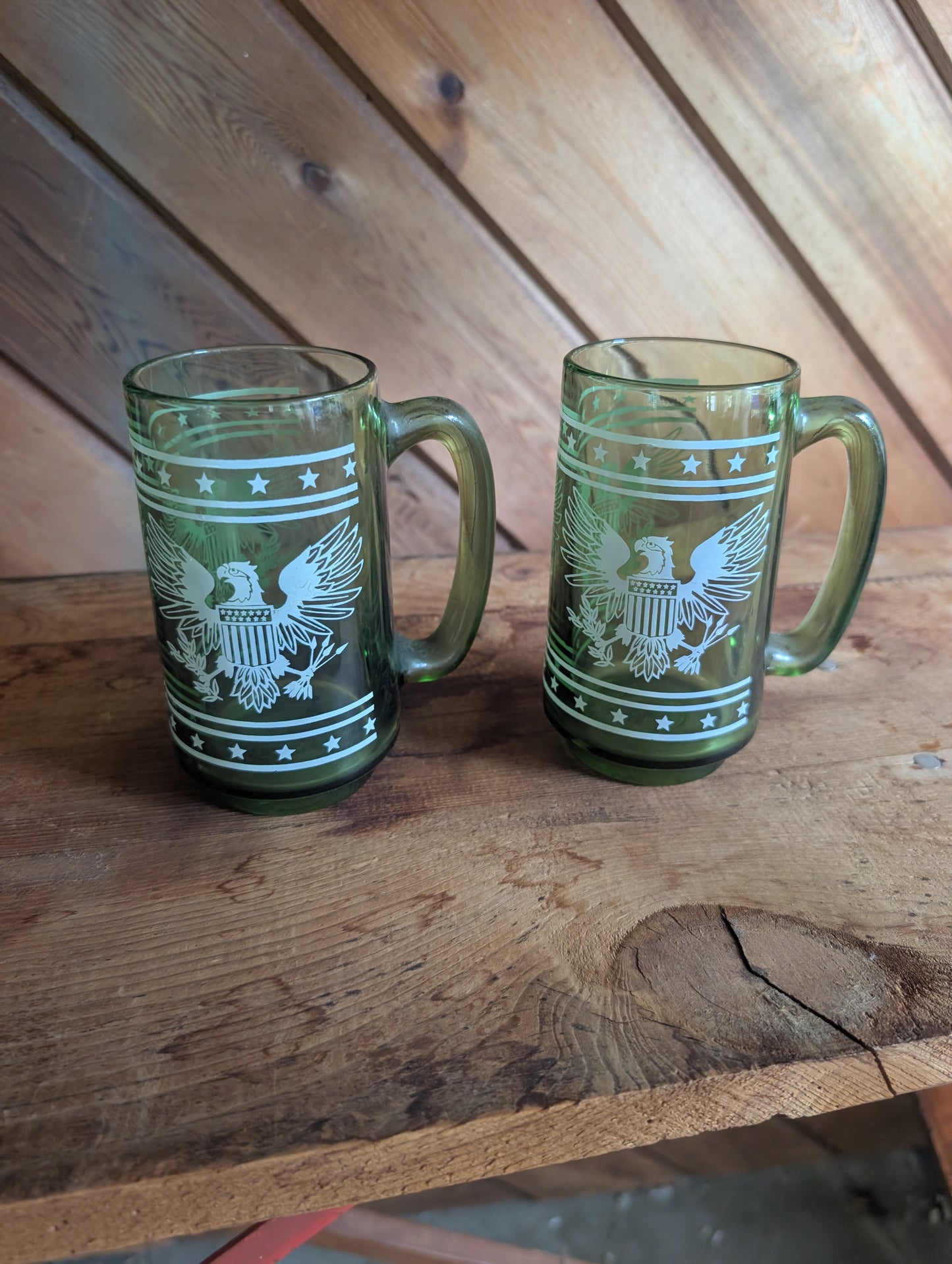 Two American Eagle Vintage Green Glass Mugs