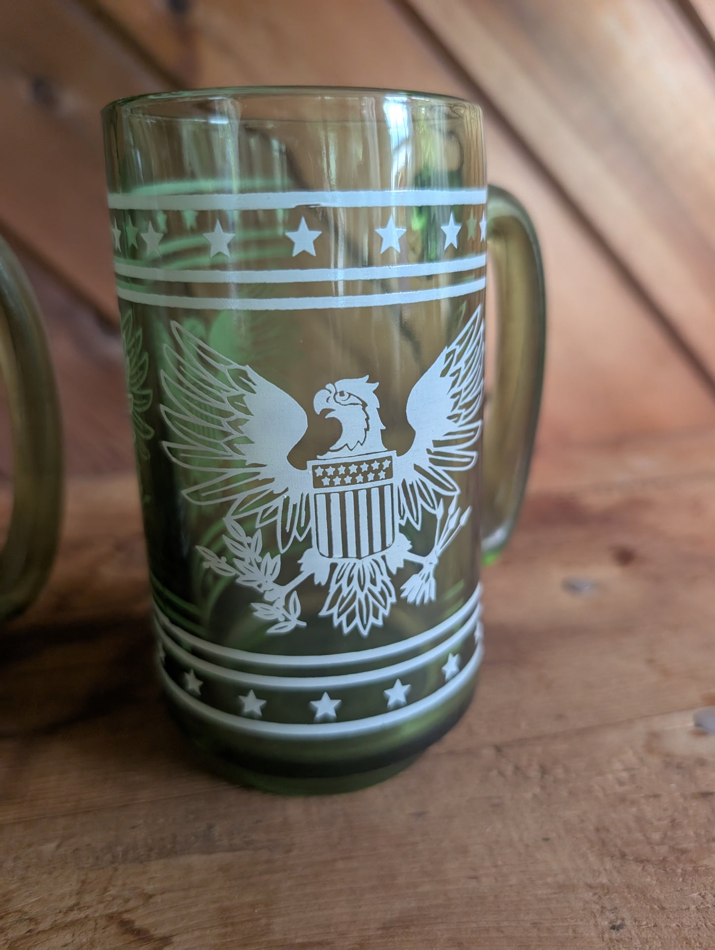 Two American Eagle Vintage Green Glass Mugs