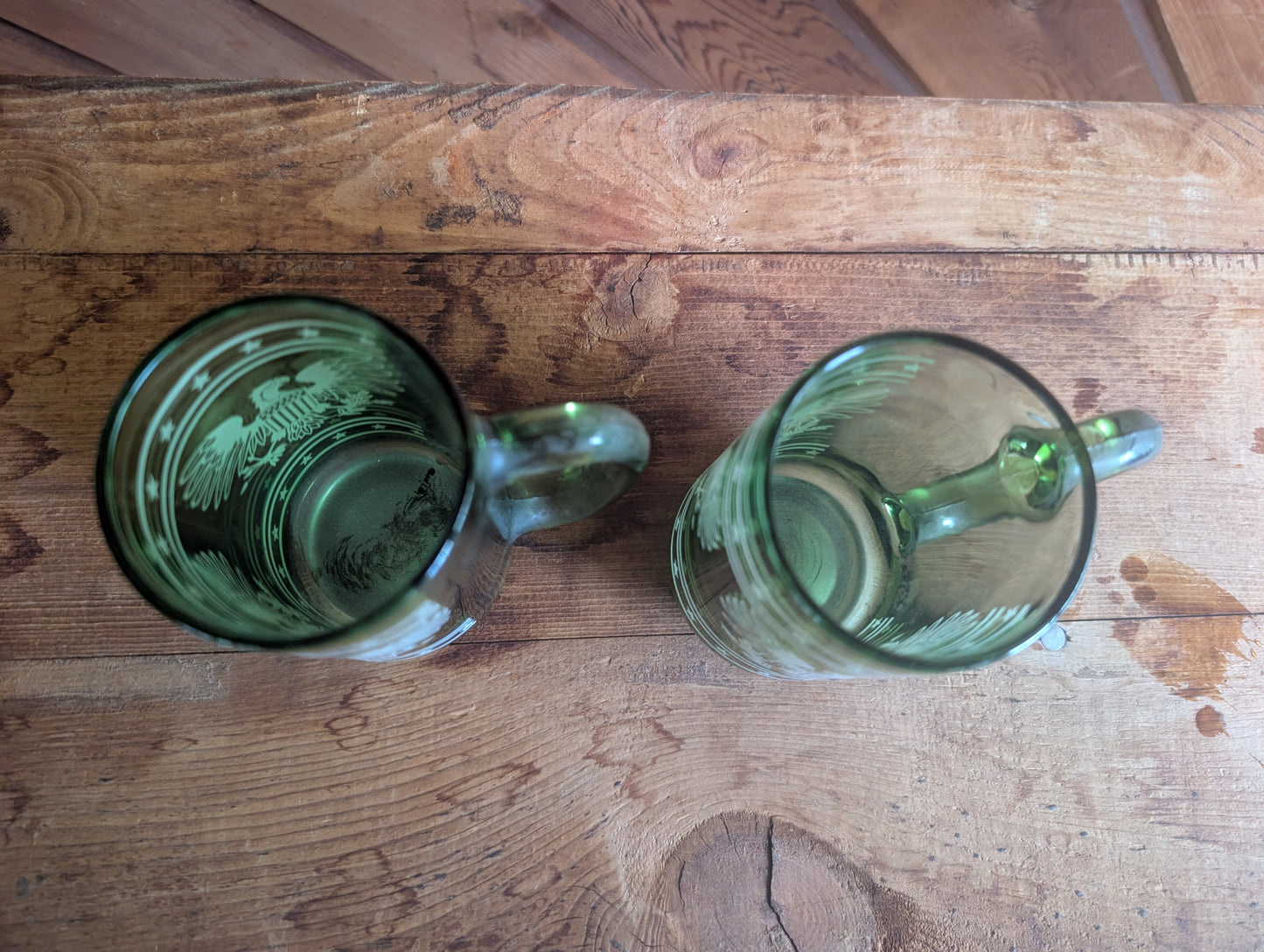 Two American Eagle Vintage Green Glass Mugs