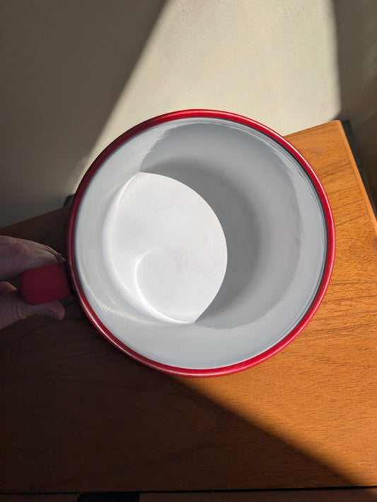 Red and White Enamel Mixing Bowl with Handel