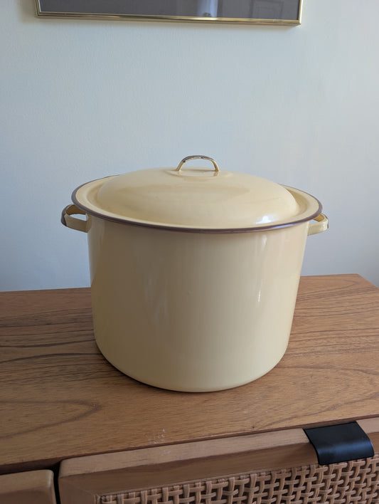 Vtg Enamelware Yellow Brown Trim Large Stock Pot w/ Lid Kitchen Decor Farmhouse