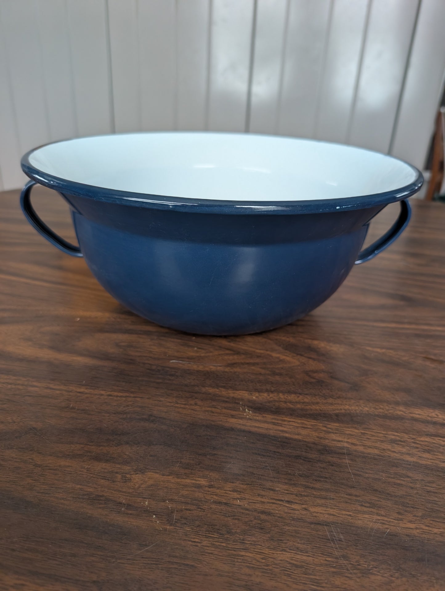 Blue and White Enamelware Bowl with Handles Blue