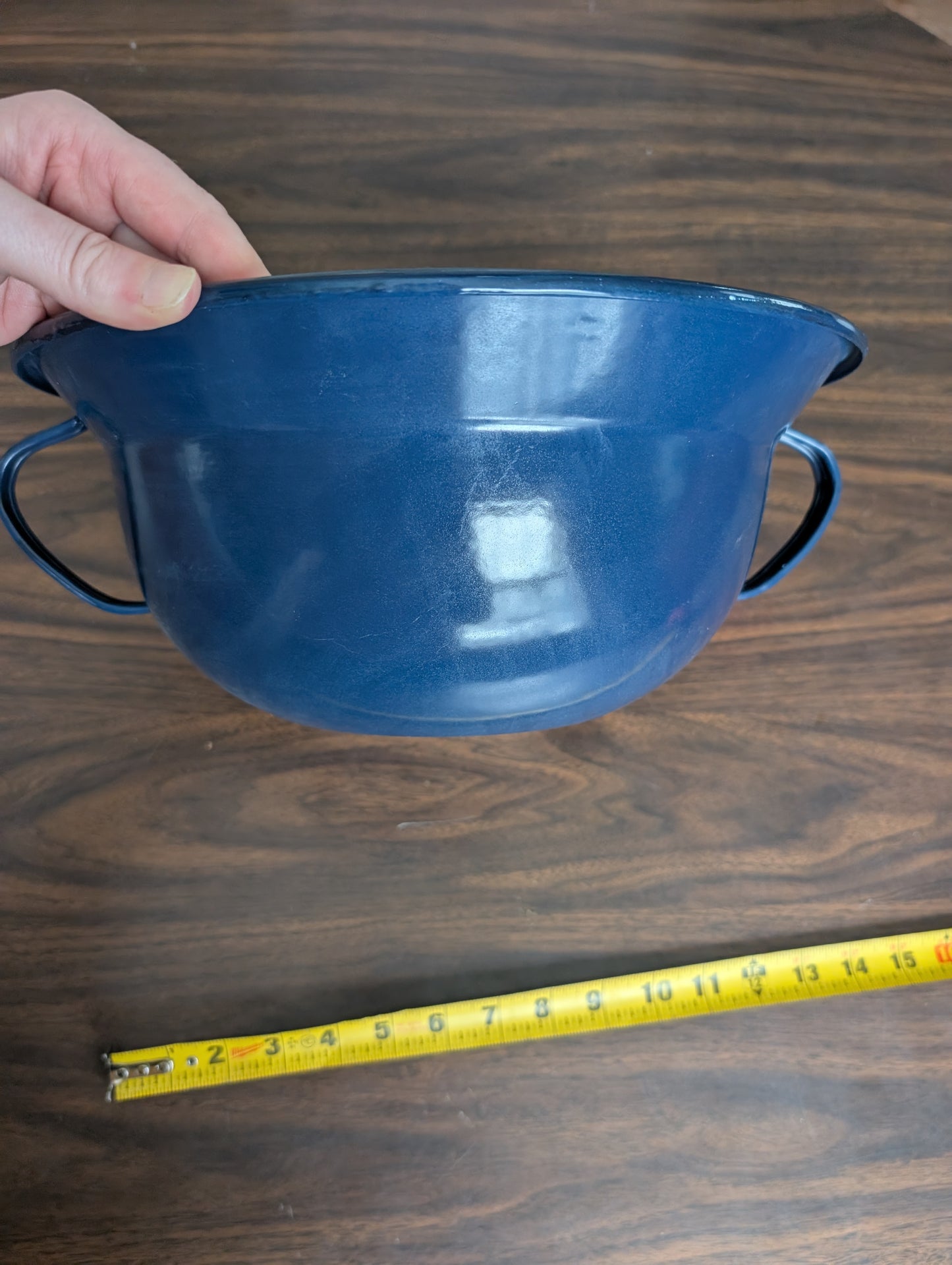 Blue and White Enamelware Bowl with Handles Blue
