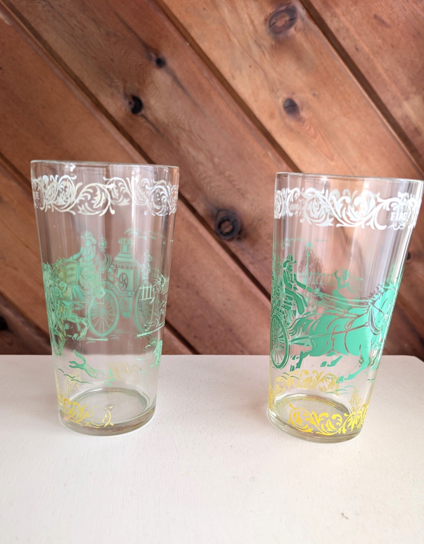 Pair of Vintage Old Times' Tumblers Featuring Horse Drawn Fire Truck Fire!