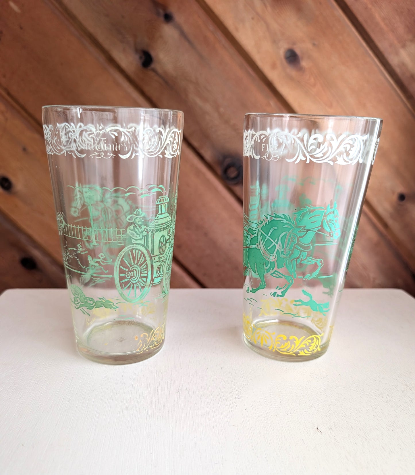 Pair of Vintage Old Times' Tumblers Featuring Horse Drawn Fire Truck Fire!