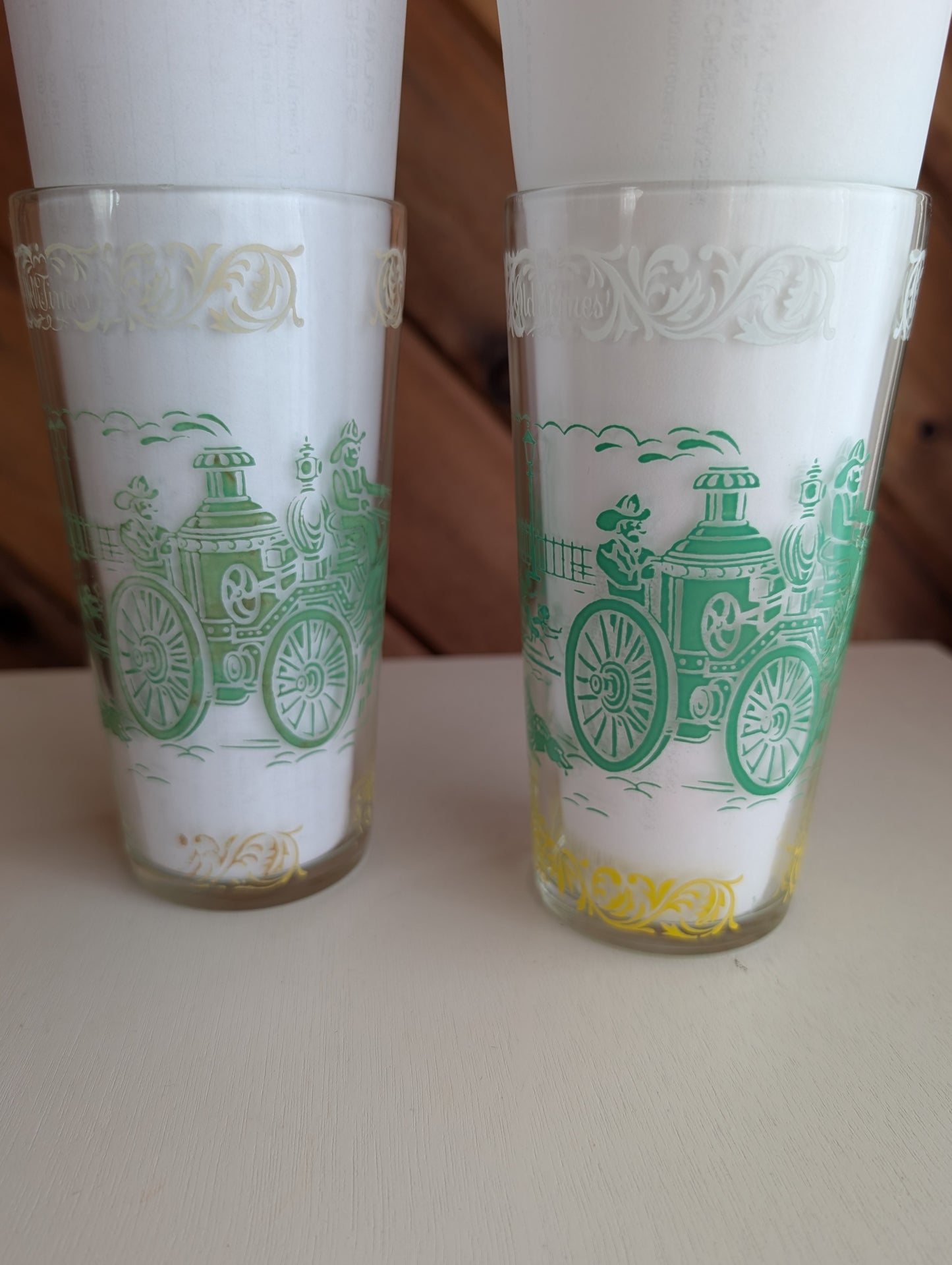 Pair of Vintage Old Times' Tumblers Featuring Horse Drawn Fire Truck Fire!