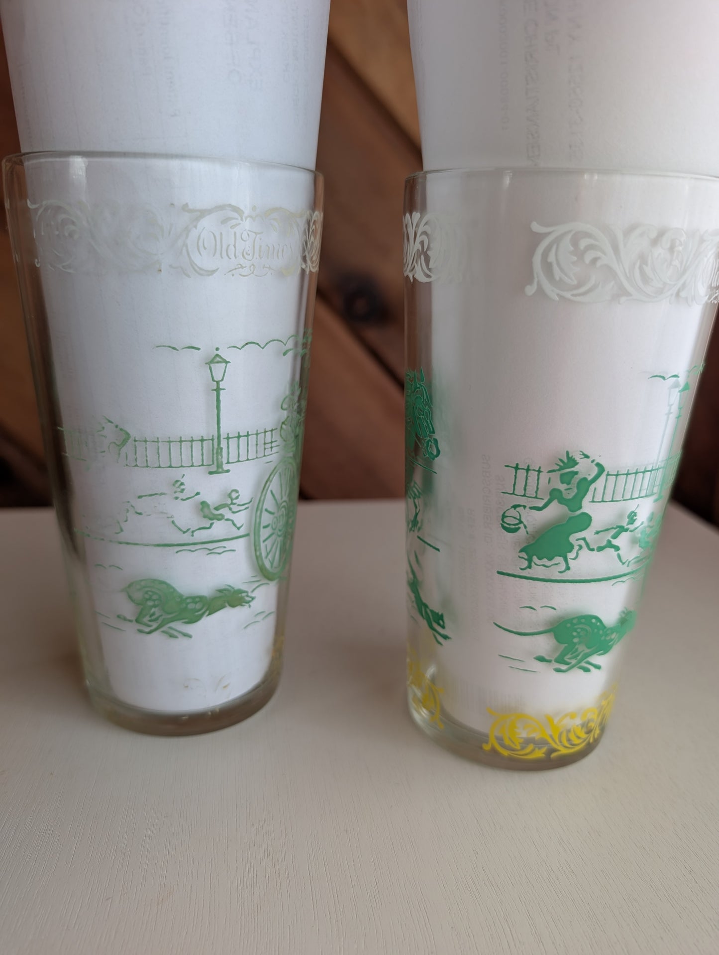 Pair of Vintage Old Times' Tumblers Featuring Horse Drawn Fire Truck Fire!