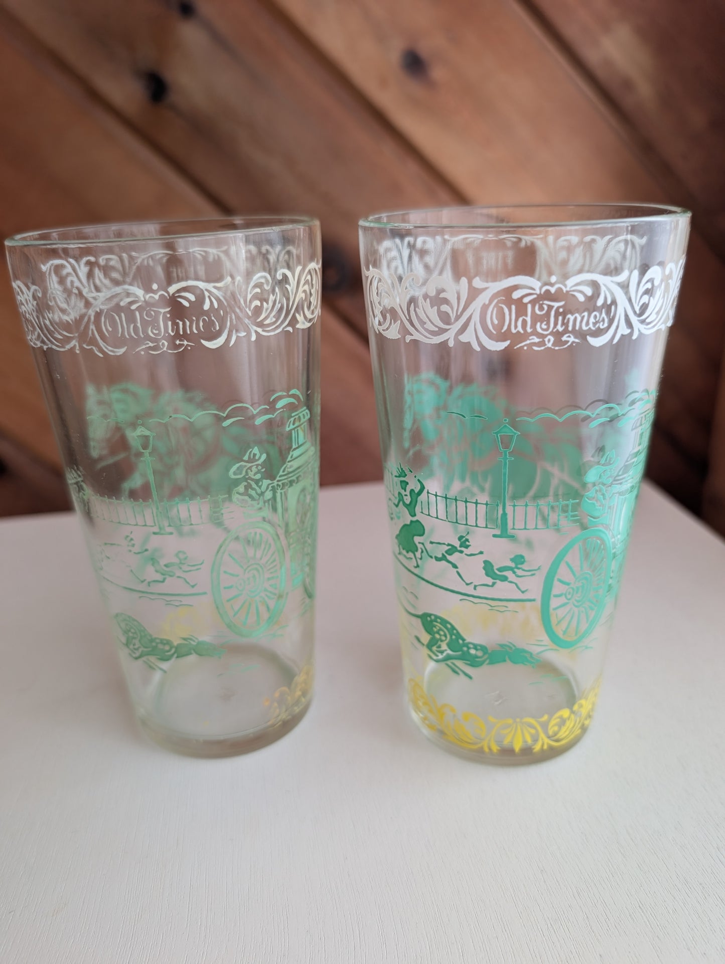 Pair of Vintage Old Times' Tumblers Featuring Horse Drawn Fire Truck Fire!